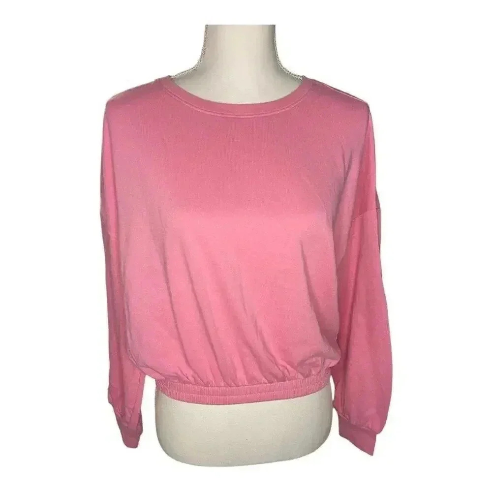 Elodie Tops Pink Crewneck Crop Long Sleeve Elastic Waist Sweatshirt Small